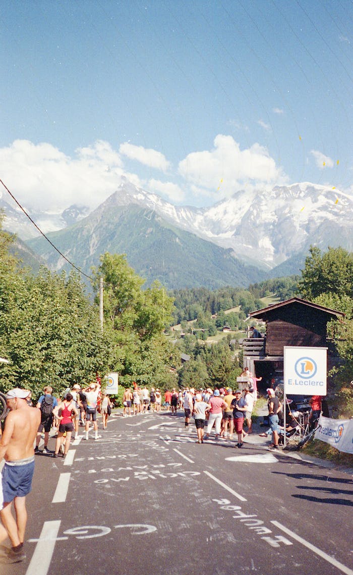 Capture of a vibrant summer marathon in Montblanc, France with stunning mountain views.