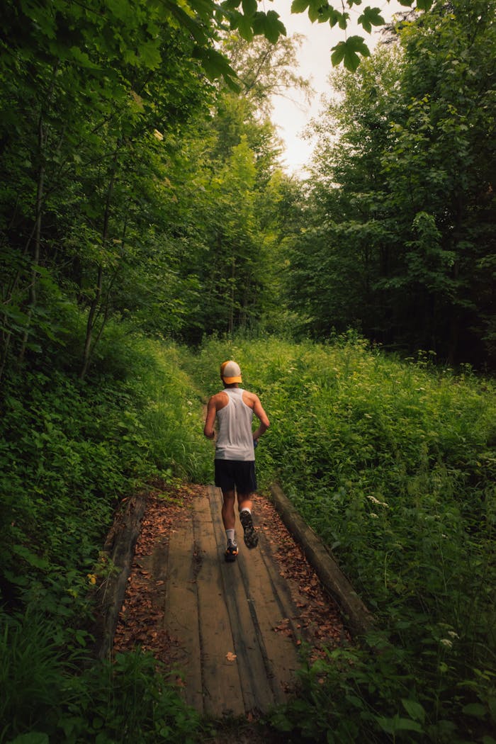 Active lifestyle featured as a man jogs on a lush green forest trail, evoking summer adventure.